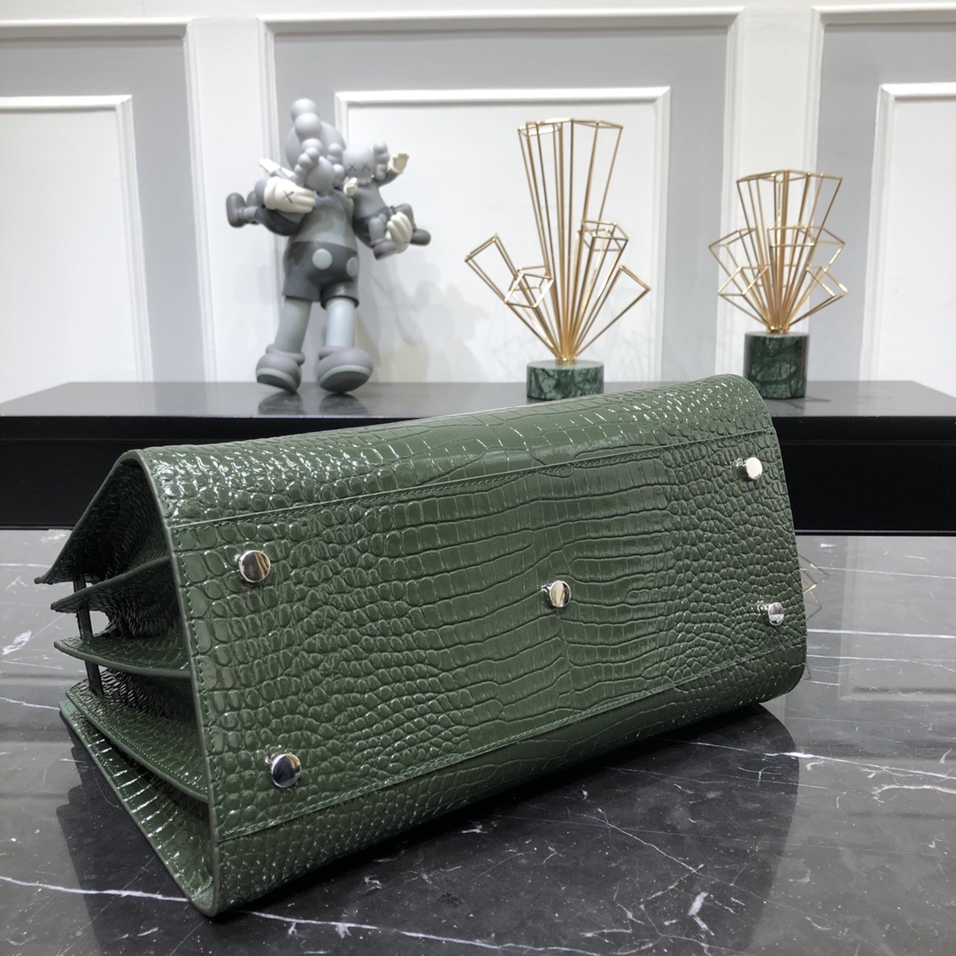 Saint Laurent Sac De Jour Crocodile Embossed Calfskin Handbag Shoulder Bag Army Green 378299 Silver